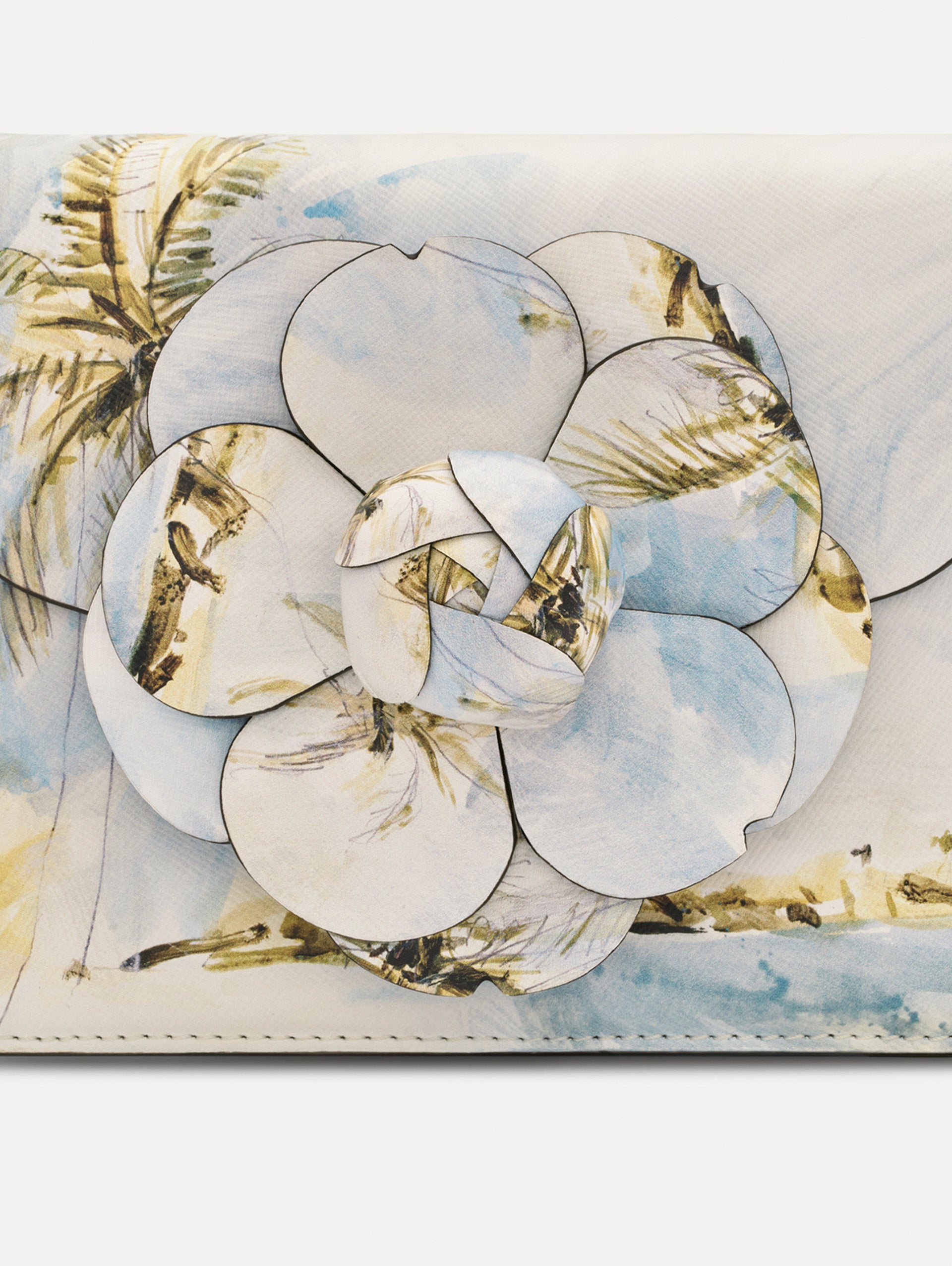 The Dominican Landscape Printed Mini TRO Bag in Saltwater Blue. Detail View.