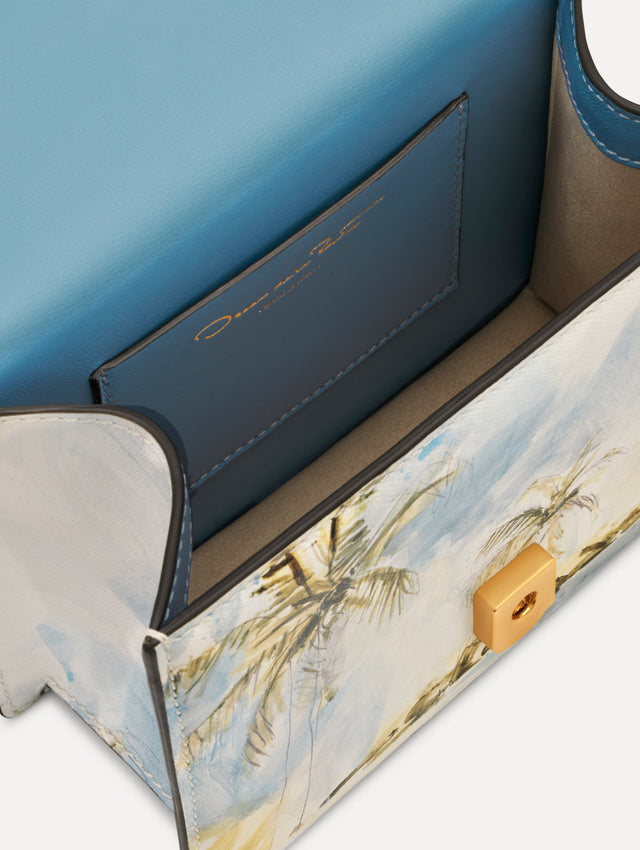 The Dominican Landscape Printed Mini TRO Bag in Saltwater Blue. Detail View.