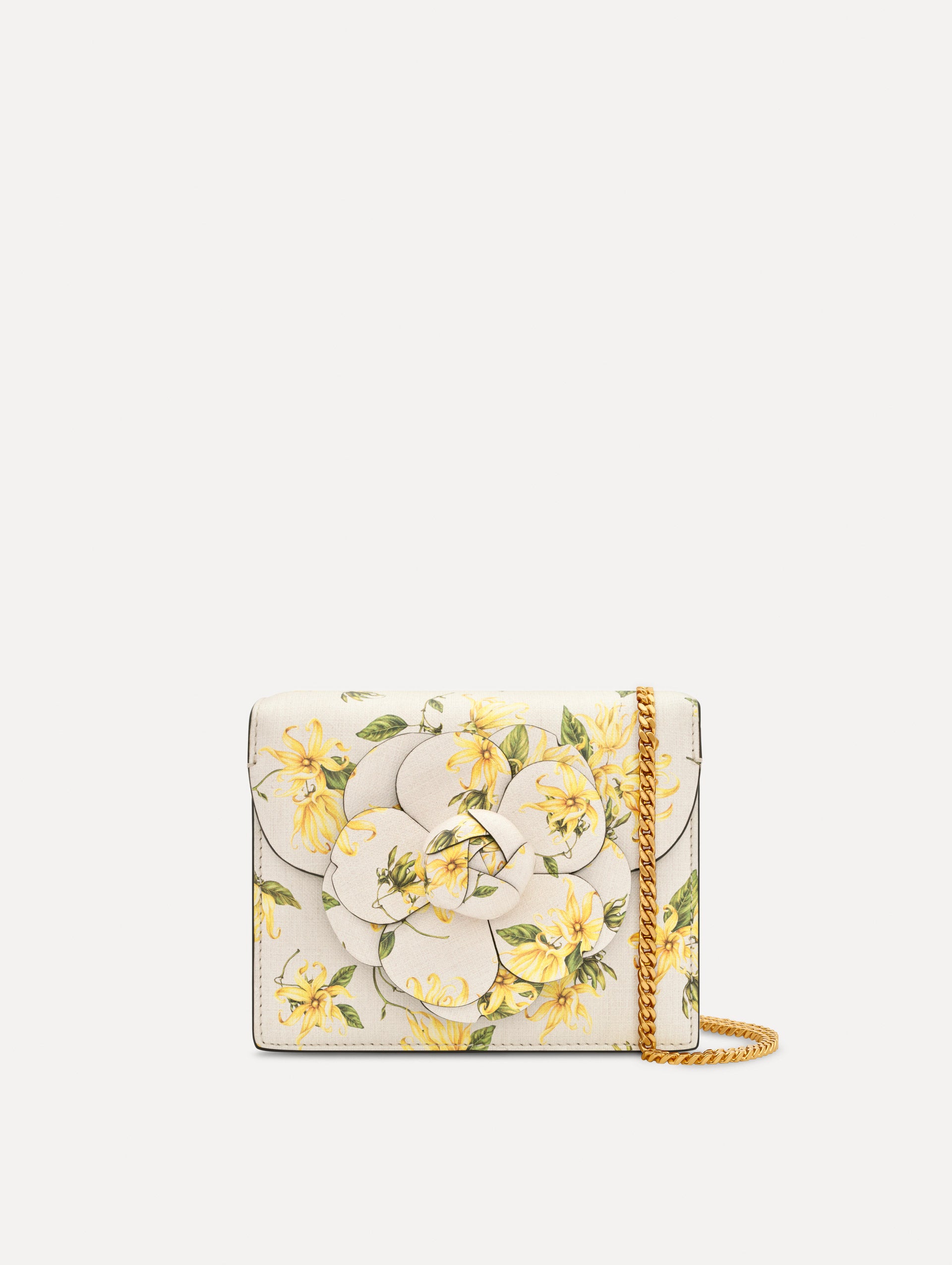 The Ylang Ylang Printed Mini TRO Bag in Yellow. Front View.