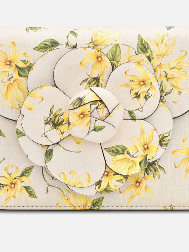 The Ylang Ylang Printed Mini TRO Bag in Yellow. Detail View.