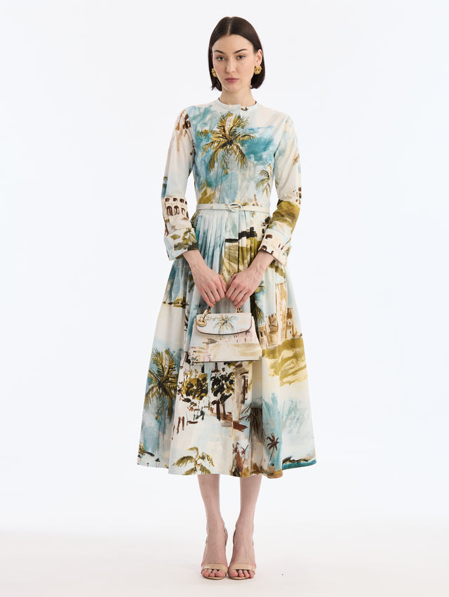 Small leather top handle bag in Saltwater print. Front view.