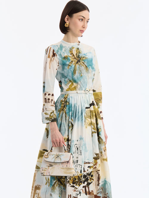 Small leather top handle bag in Saltwater print. Front view.