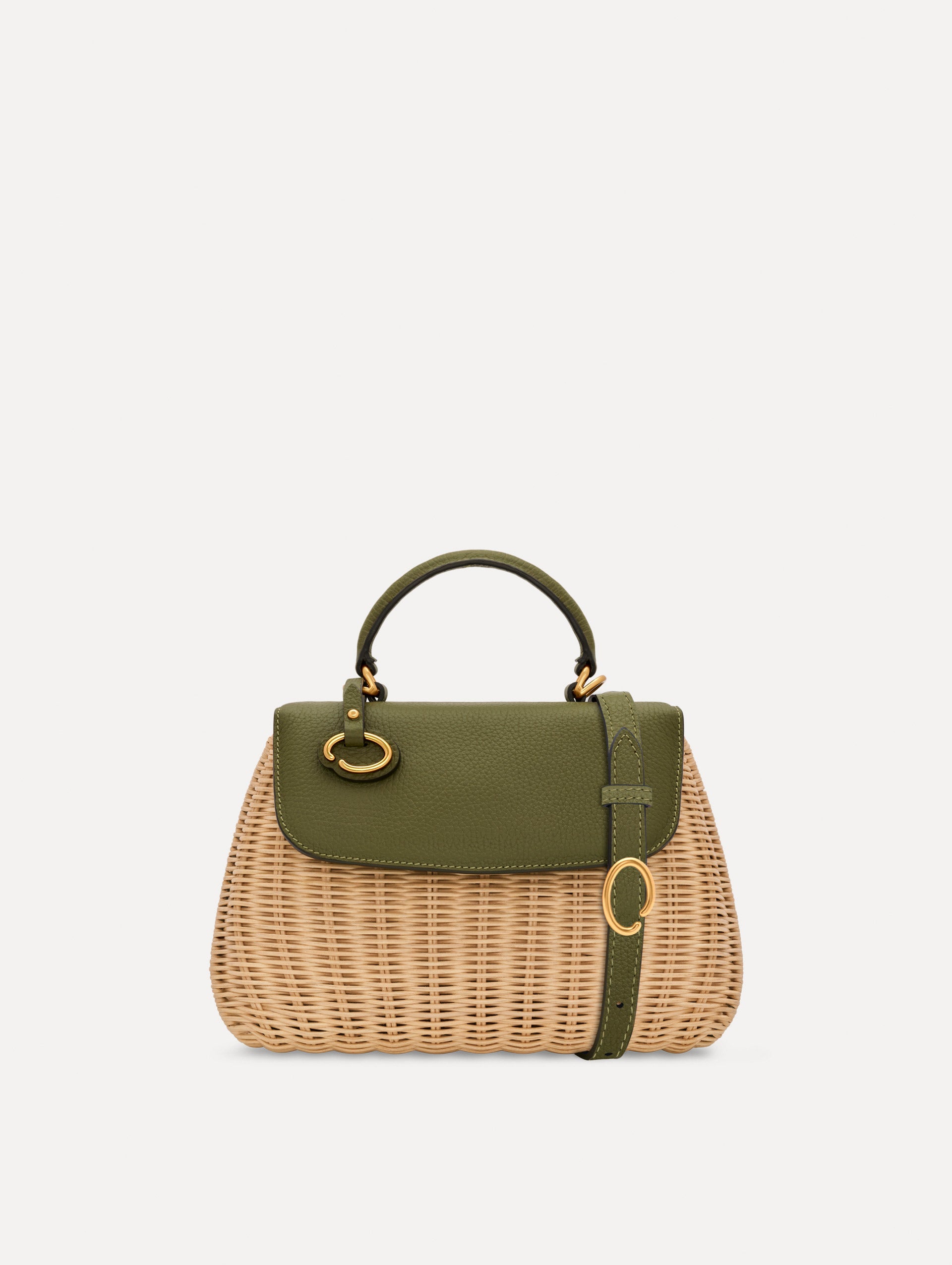 The Mini Poppy in Wicker in Olive. Front View.