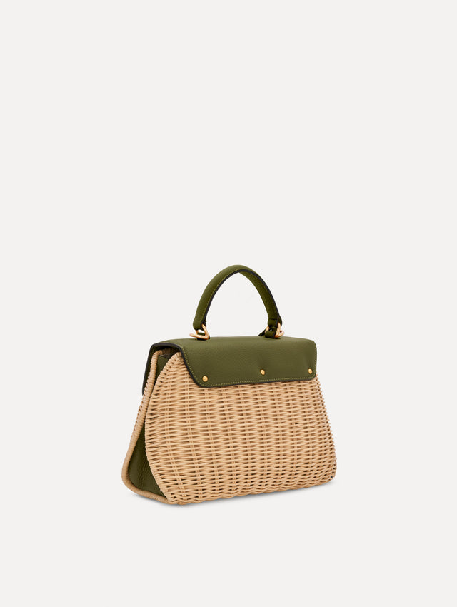 The Mini Poppy in Wicker in Olive. Back-Side View.