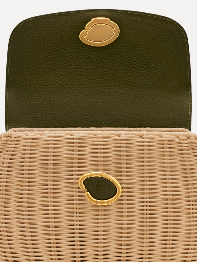 The Mini Poppy in Wicker in Olive. Detail View.