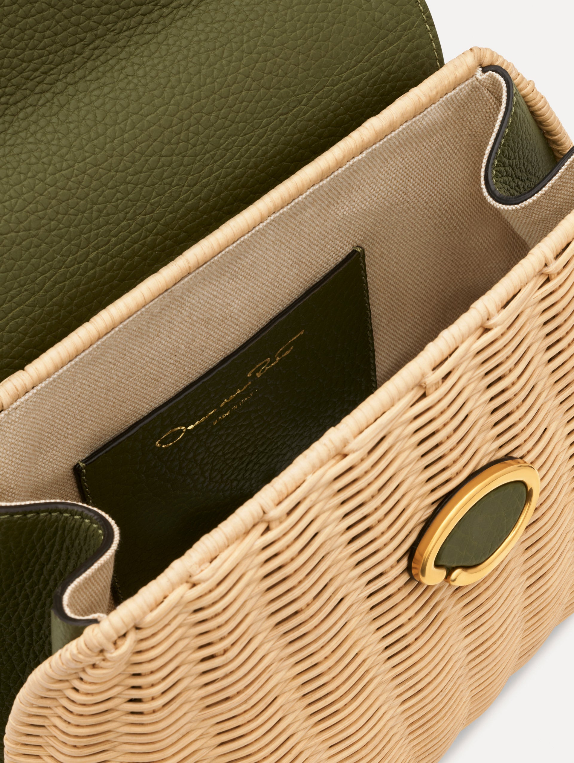 The Mini Poppy in Wicker in Olive. Detail View.