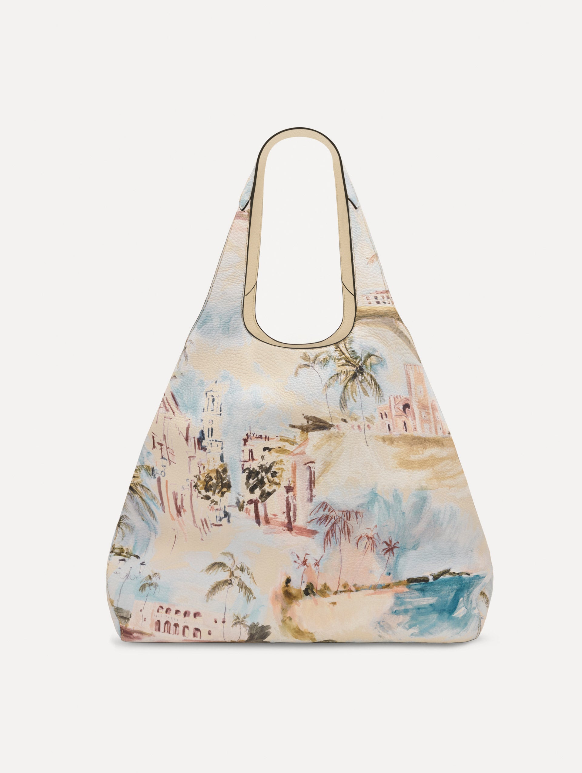 The Topaz bag adorned with the Dominican Landscape print. Front View.