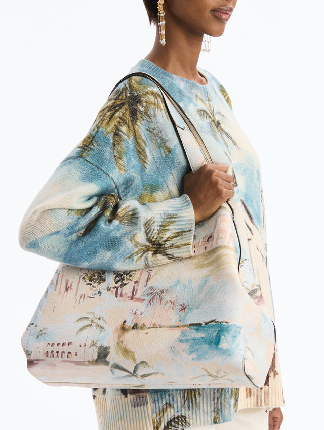 Large Leather Tote bag in Saltwater print. Front view. 