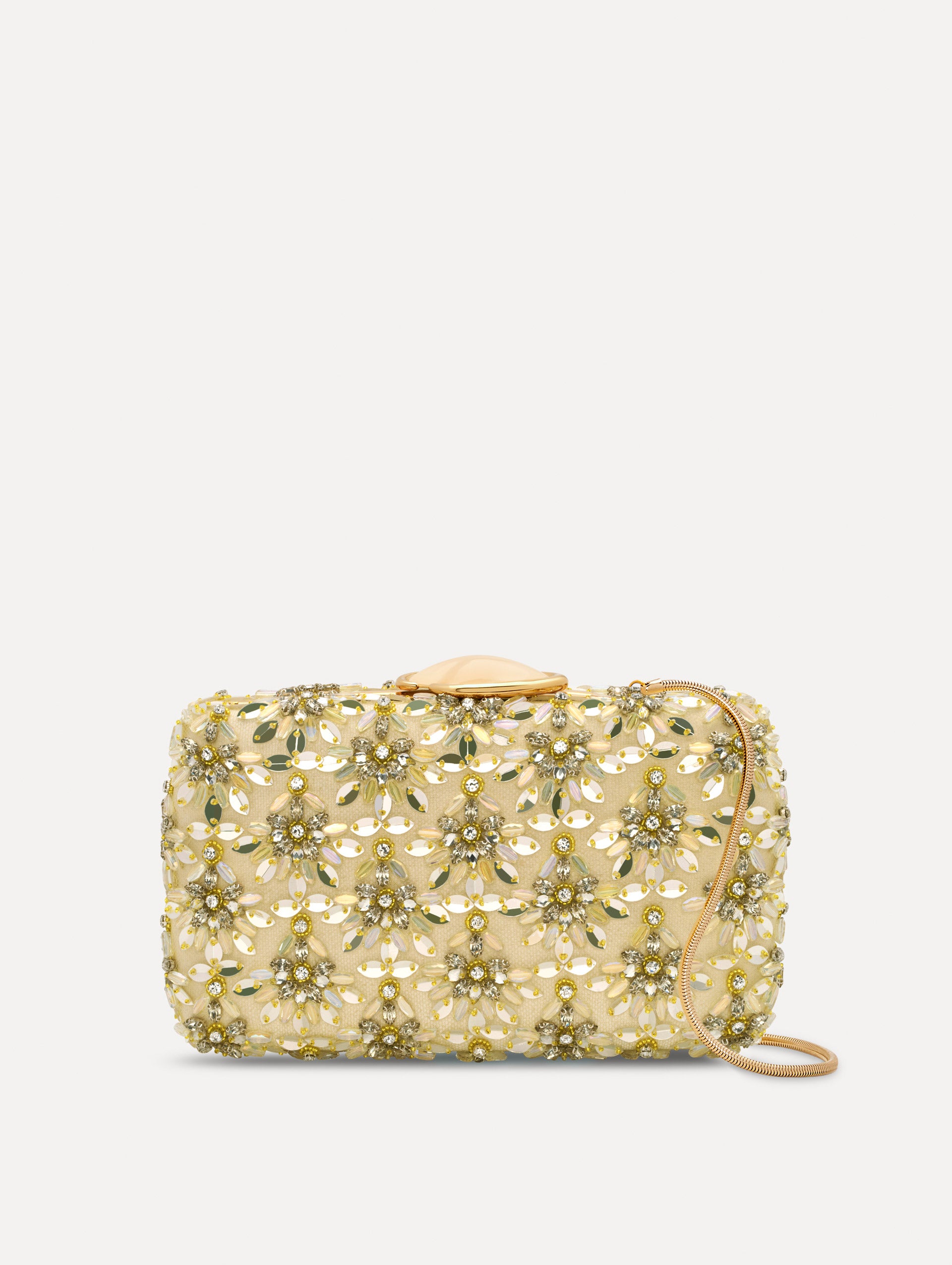 The Crystal & Glass Embroidered O Minaudière in Gold and Crystal Embroidery. Front View.