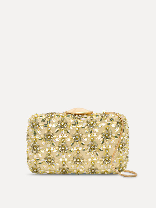The Crystal & Glass Embroidered O Minaudière in Gold and Crystal Embroidery. Front View.