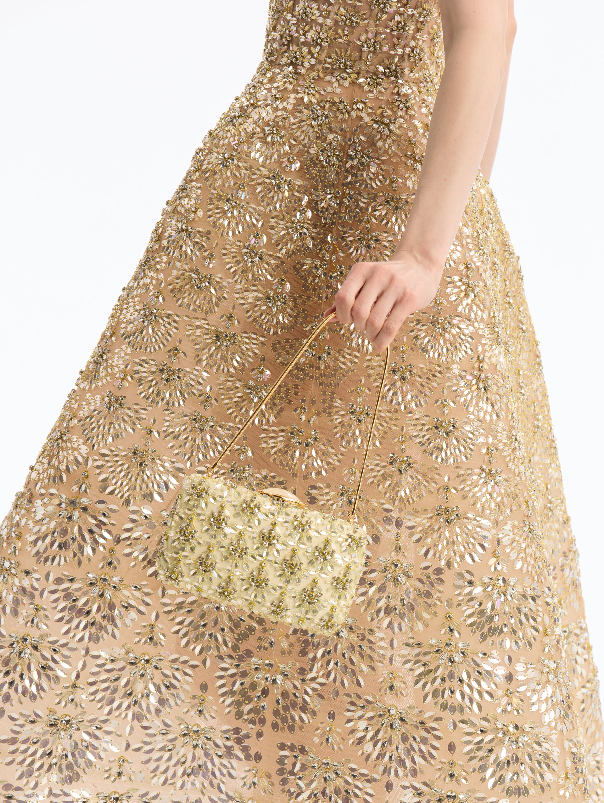 Gold Crystal & Glass Embroidered O Minaudière Clutch. Stone clasp. Front View.