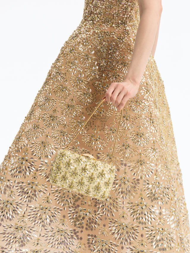 Gold Crystal & Glass Embroidered O Minaudière Clutch. Stone clasp. Front View.