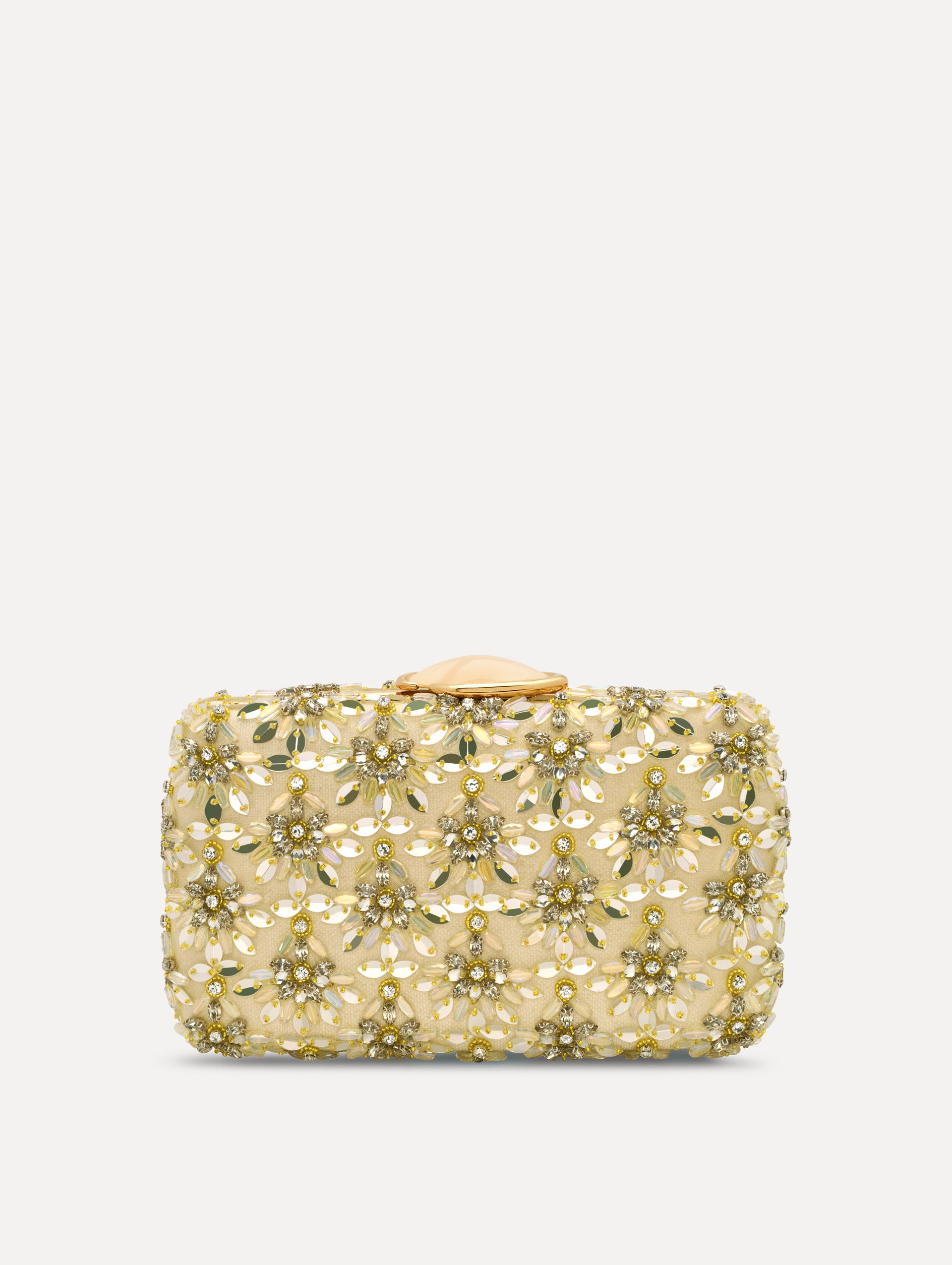 The Crystal & Glass Embroidered O Minaudière in Gold and Crystal Embroidery. Front View.