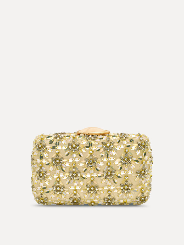 The Crystal & Glass Embroidered O Minaudière in Gold and Crystal Embroidery. Front View.