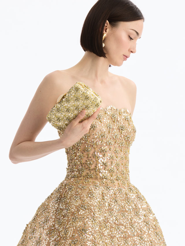 Gold Crystal & Glass Embroidered O Minaudière Clutch. Stone clasp. Front View.