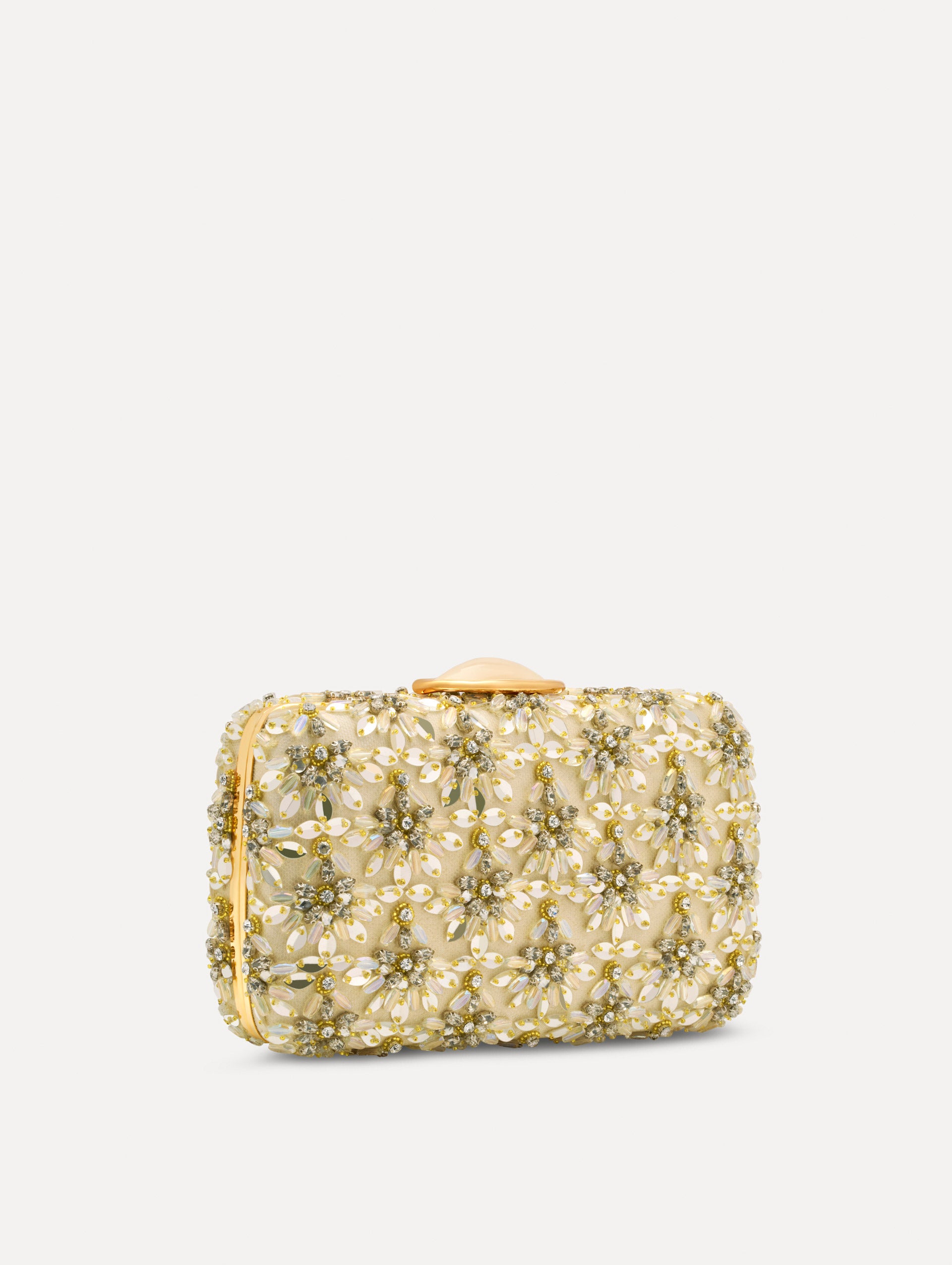The Crystal & Glass Embroidered O Minaudière in Gold and Crystal Embroidery. Side View.
