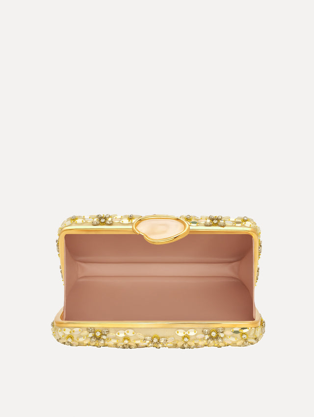 The Crystal & Glass Embroidered O Minaudière in Gold and Crystal Embroidery. Top View.