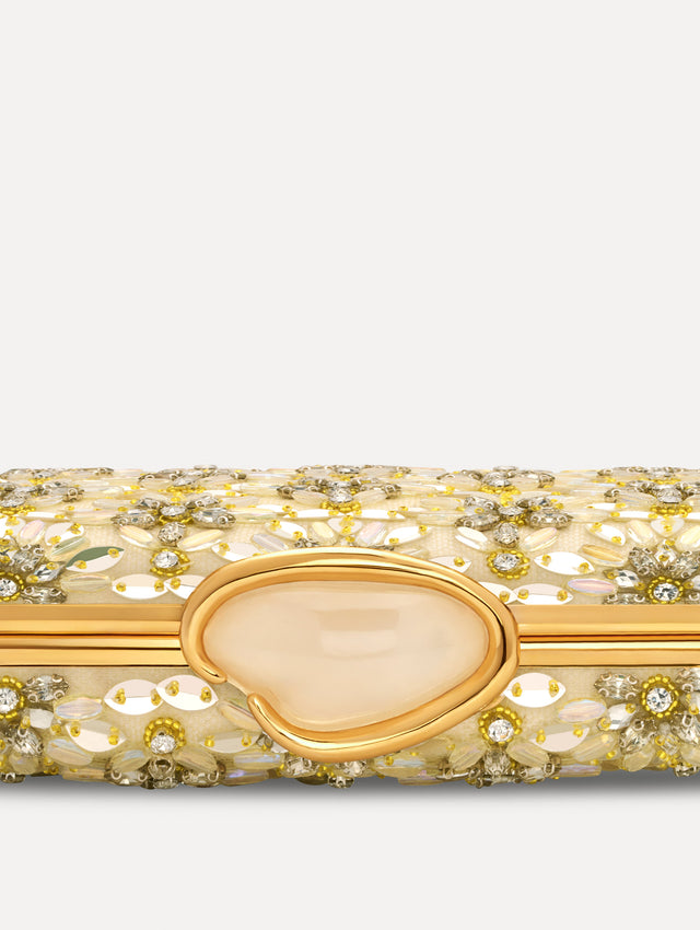 The Crystal & Glass Embroidered O Minaudière in Gold and Crystal Embroidery. Detail View.