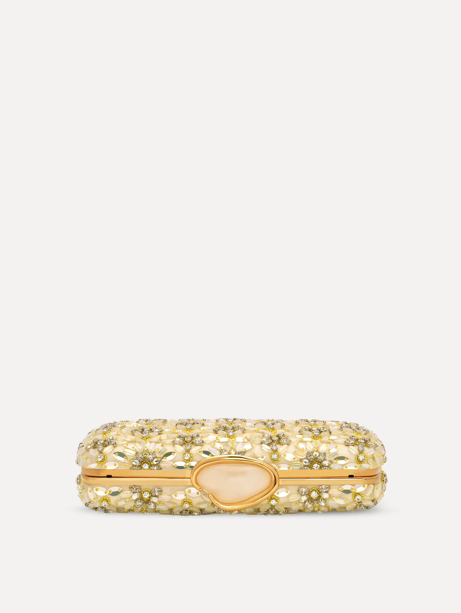 The Crystal & Glass Embroidered O Minaudière in Gold and Crystal Embroidery. Top View.