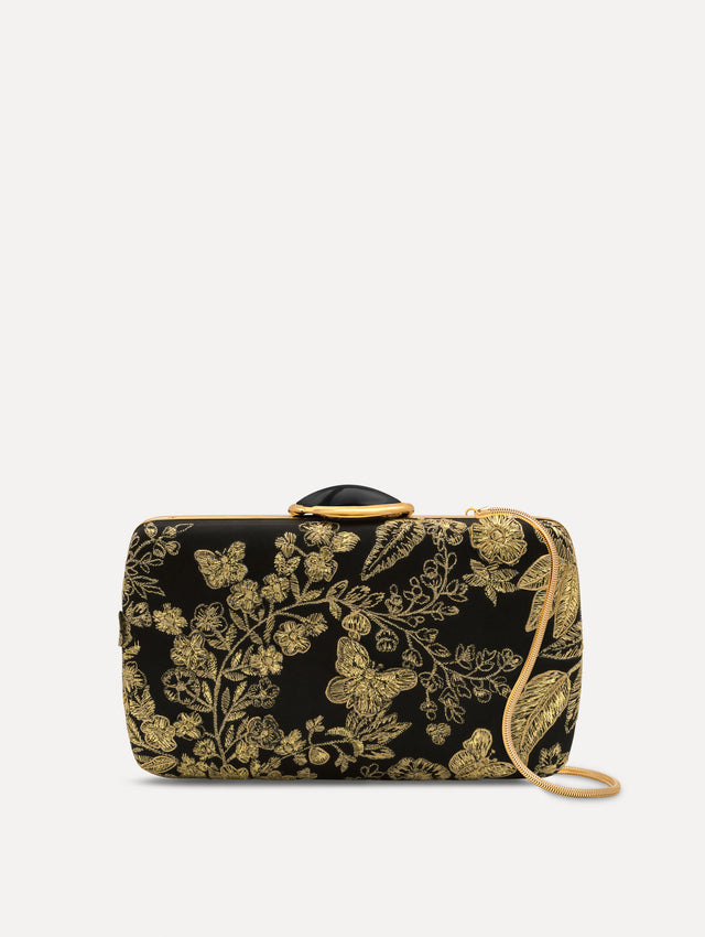 The Butterfly Embroidered O Minaudière in Black Satin with Gold Butterfly Embroidery. Front View.