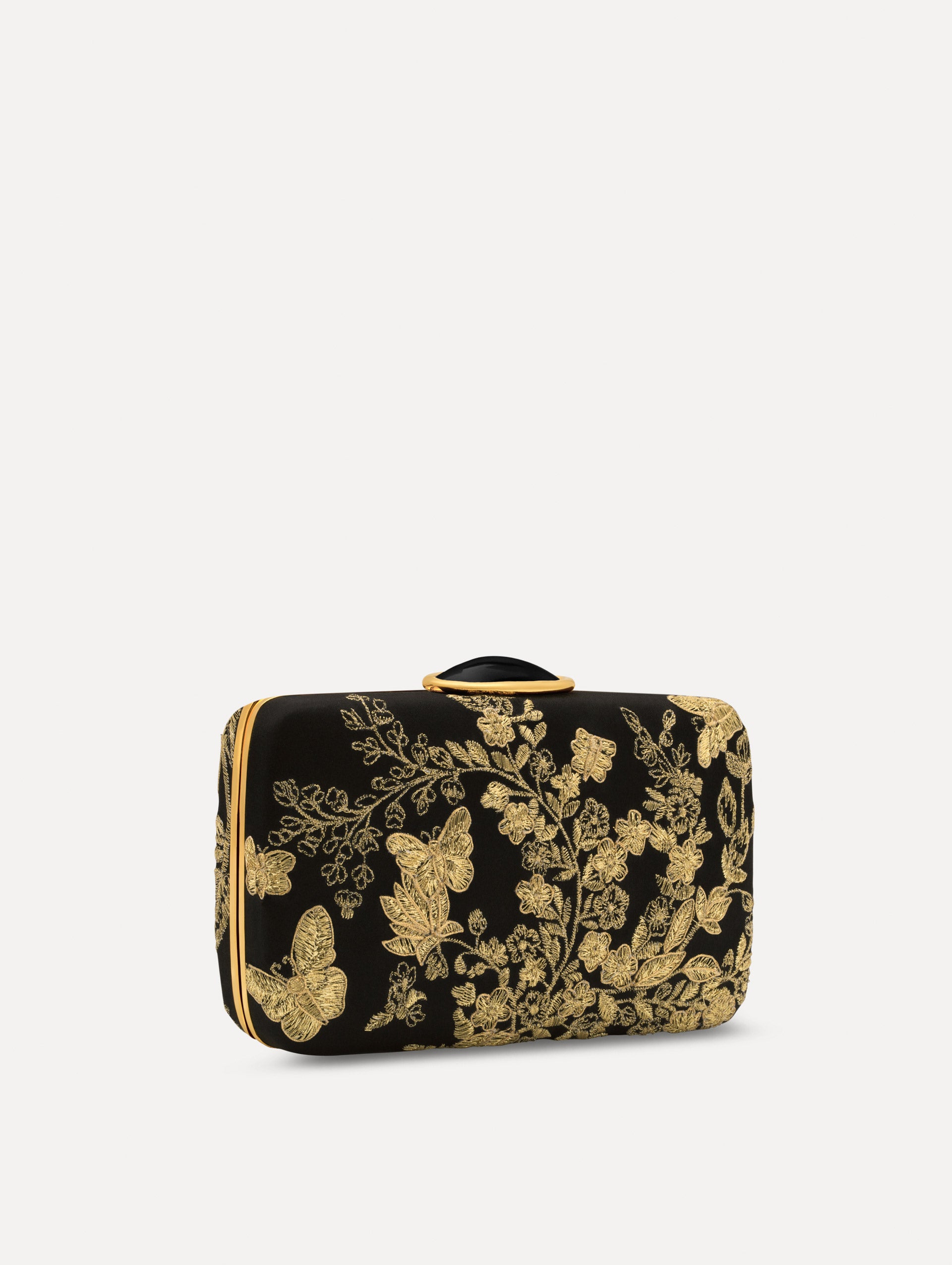 The Butterfly Embroidered O Minaudière in Black Satin with Gold Butterfly Embroidery. Side View.