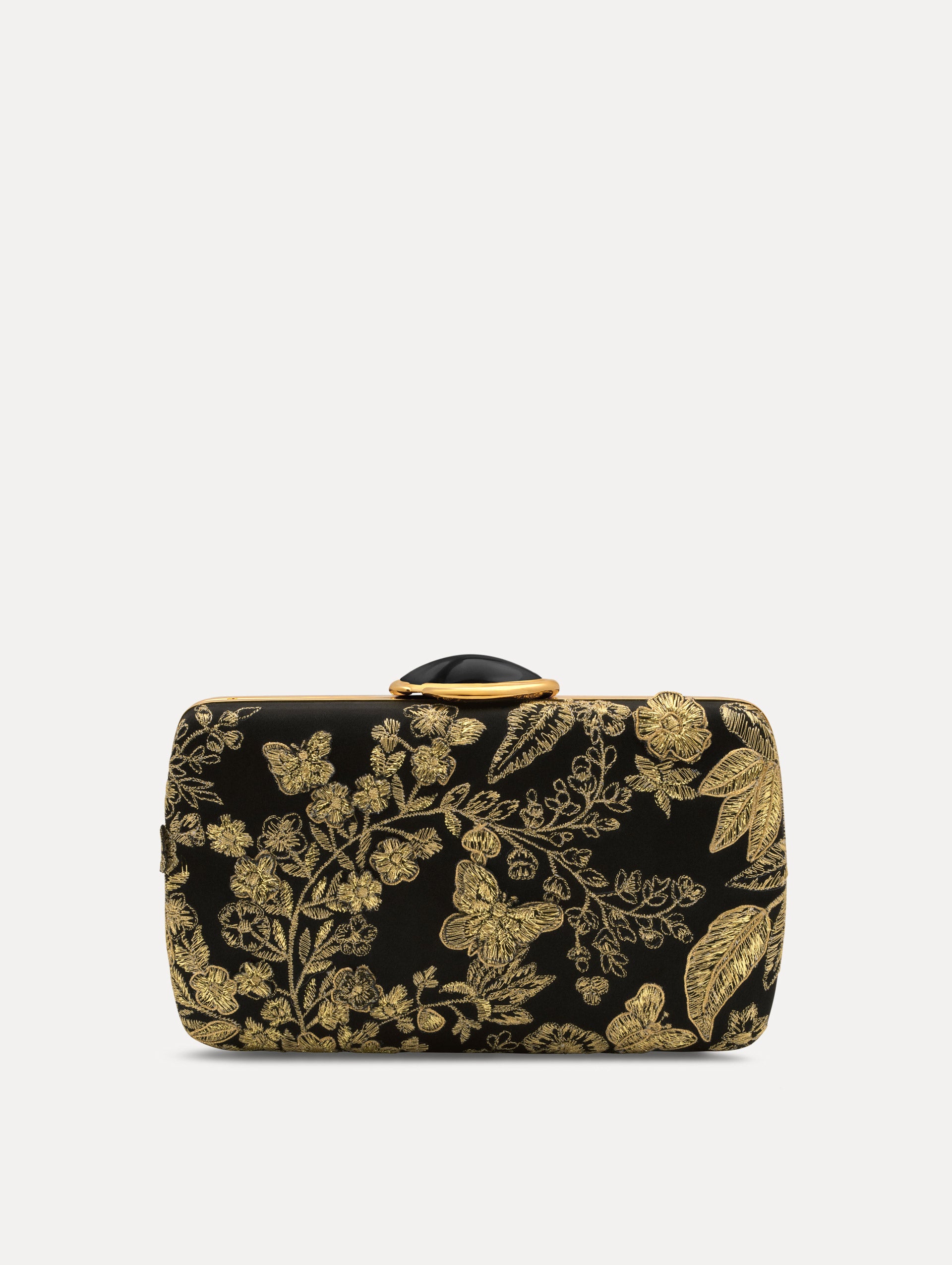 The Butterfly Embroidered O Minaudière in Black Satin with Gold Butterfly Embroidery. Front View.