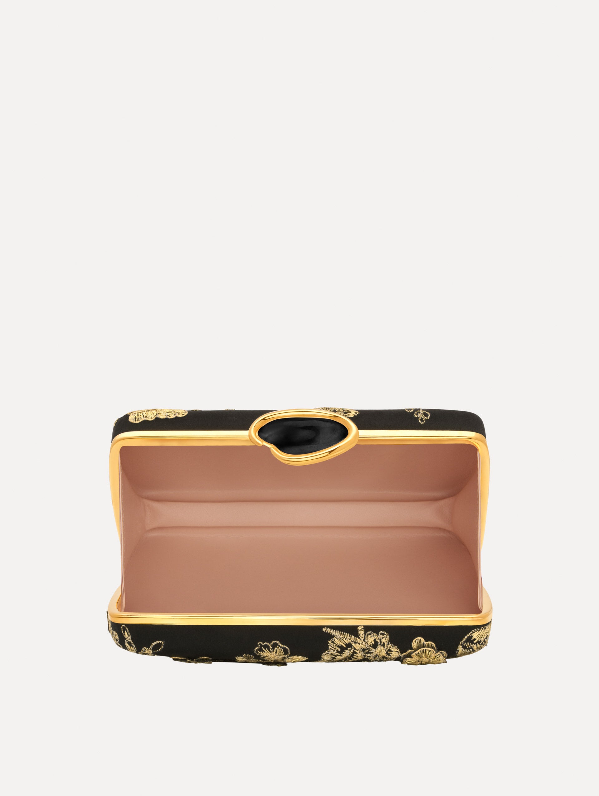 The Butterfly Embroidered O Minaudière in Black Satin with Gold Butterfly Embroidery. Top View.