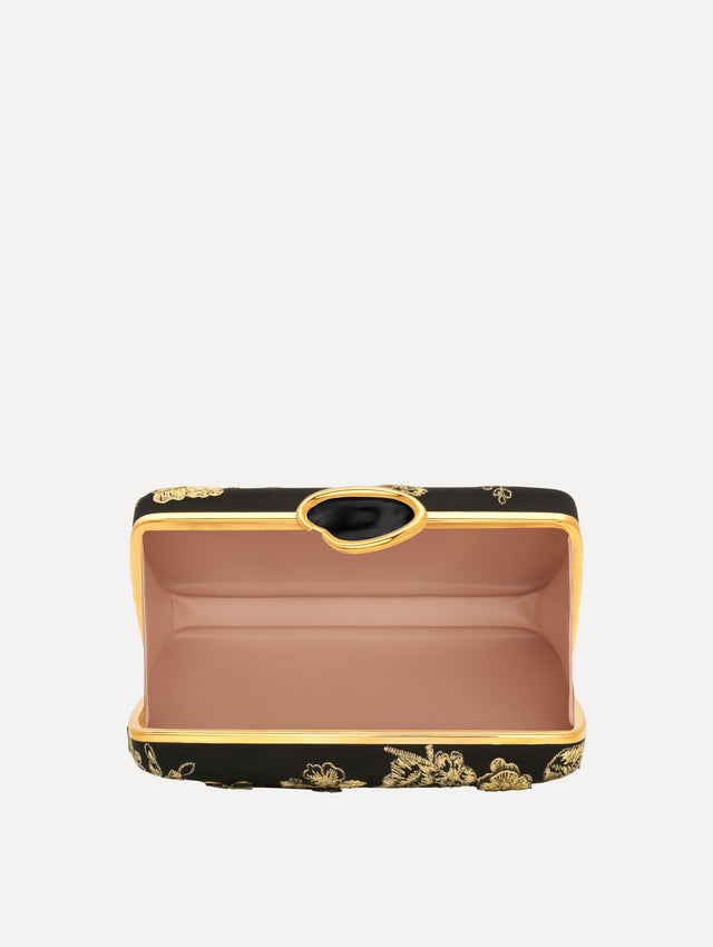 The Butterfly Embroidered O Minaudière in Black Satin with Gold Butterfly Embroidery. Top View.