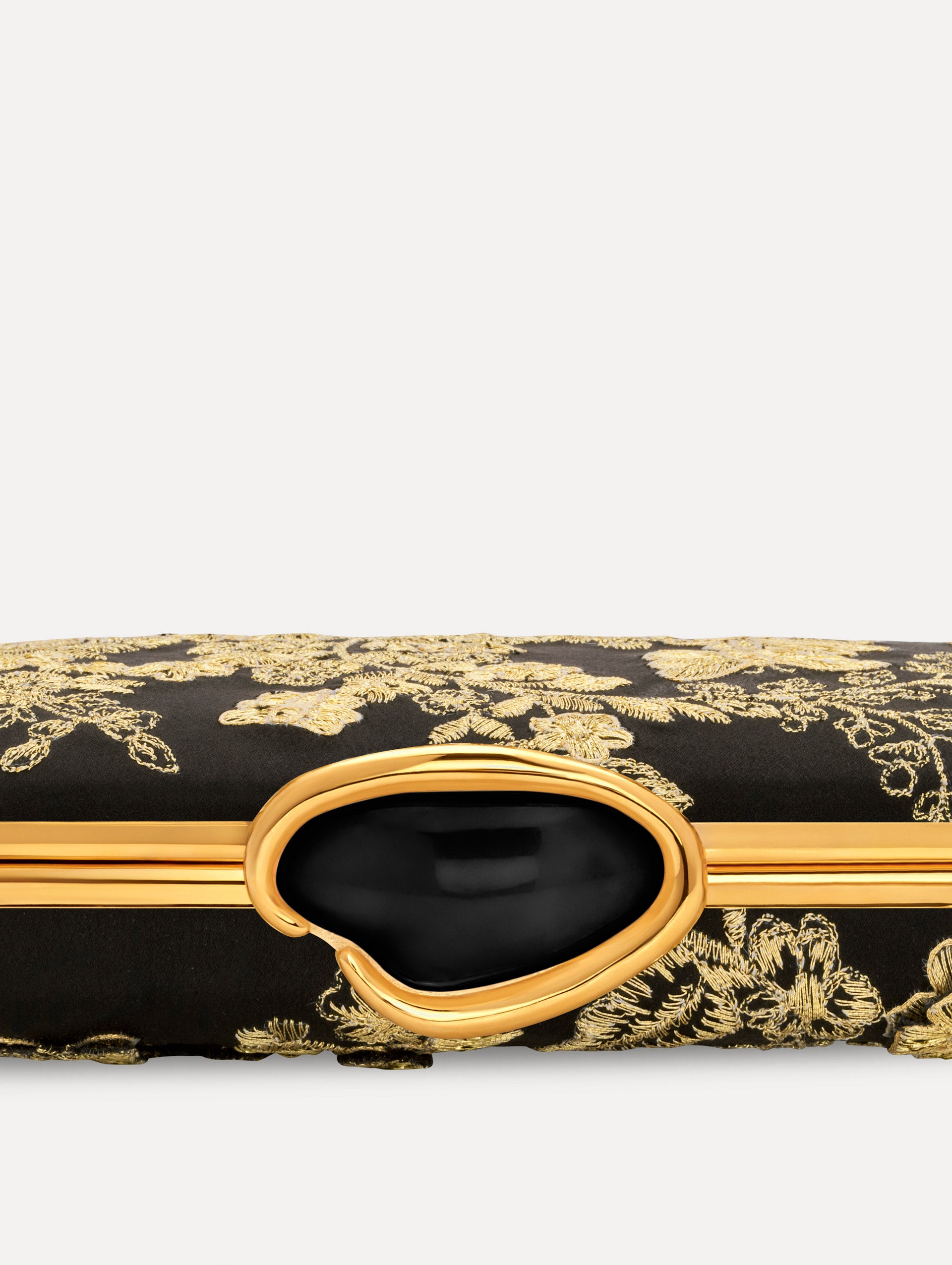The Butterfly Embroidered O Minaudière in Black Satin with Gold Butterfly Embroidery. Detail View.