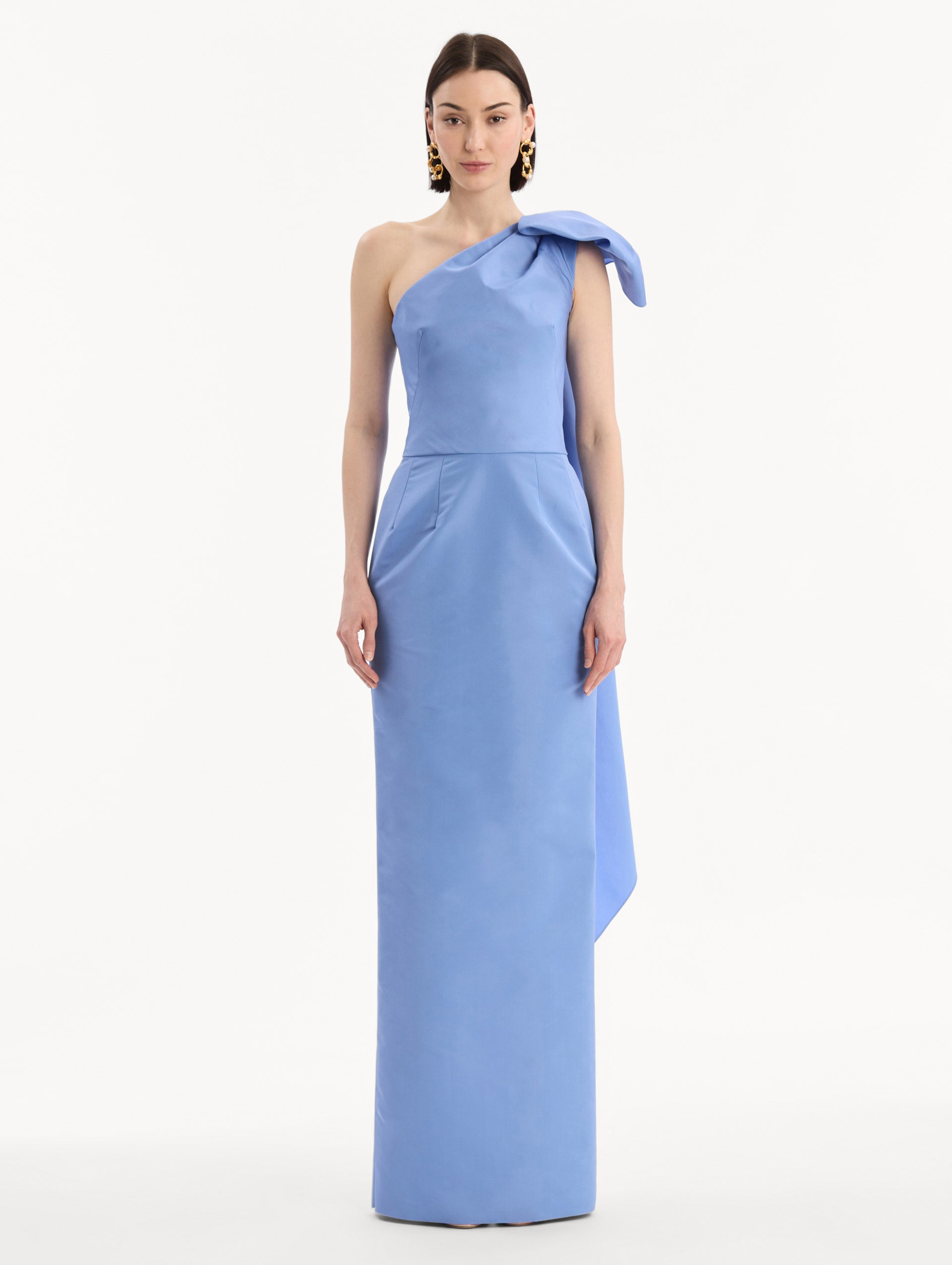 blue column dress Oscar de la Renta One-Shoulder Bow Gown, Twilight, Women's, 4 wool top coat SHEIN BAE Autumn Blackness Color:Black Pink 5% Spandex
