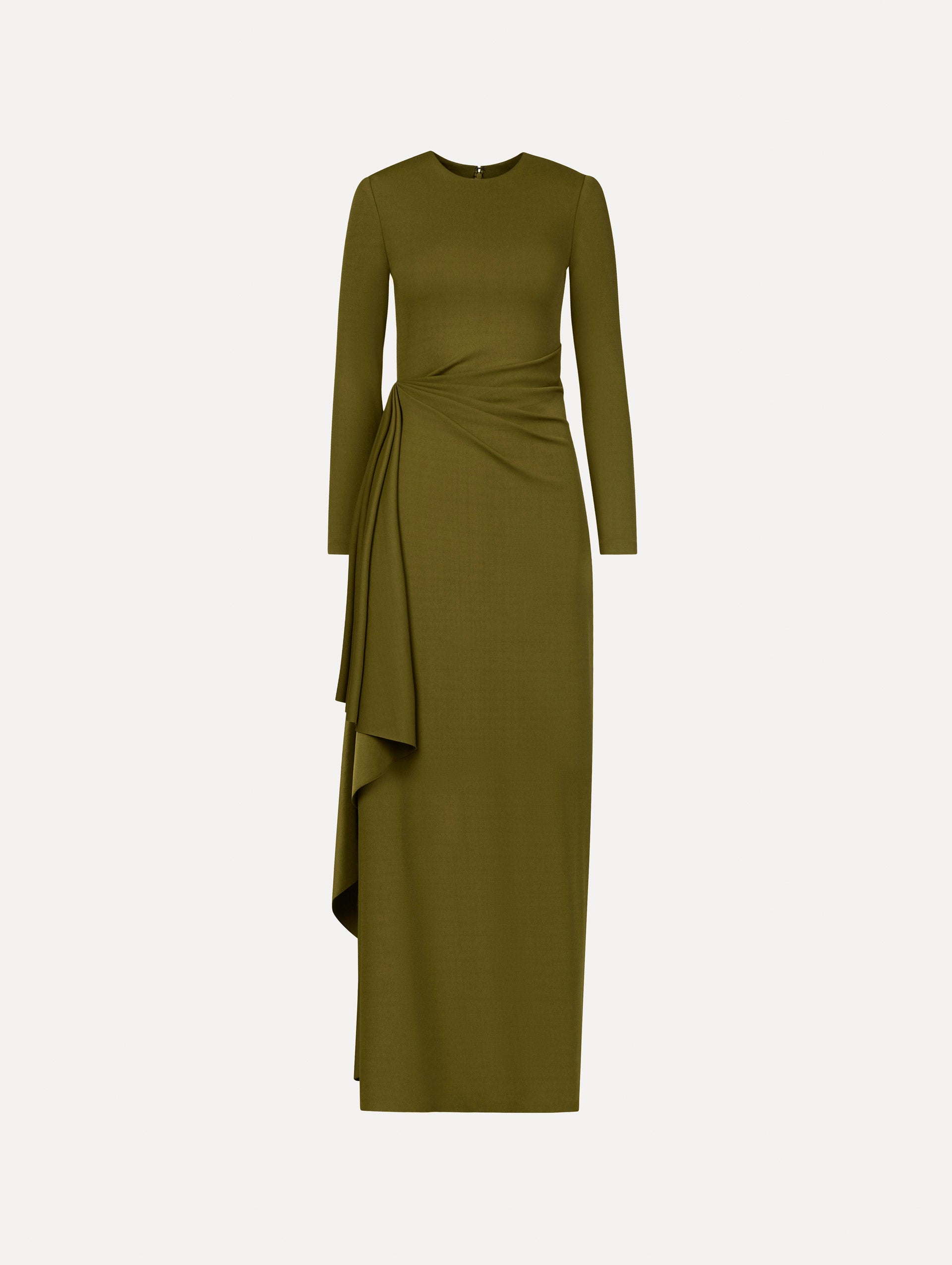The Drape-Detail Jersey Gown in olive green. Featuring long sleeves, a body-skimming silhouette, gathered detail at waist, and long skirt. Front View.