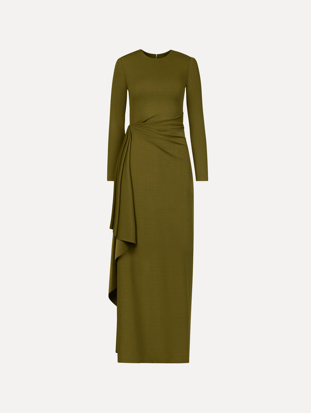 The Drape-Detail Jersey Gown in olive green. Featuring long sleeves, a body-skimming silhouette, gathered detail at waist, and long skirt. Front View.