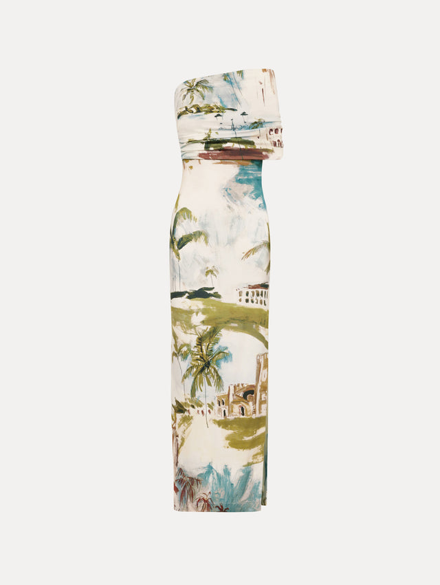 The Dominican Landscape Jersey Gown. Featuring a one-shoulder neckline and long, column silhouette. Front View.