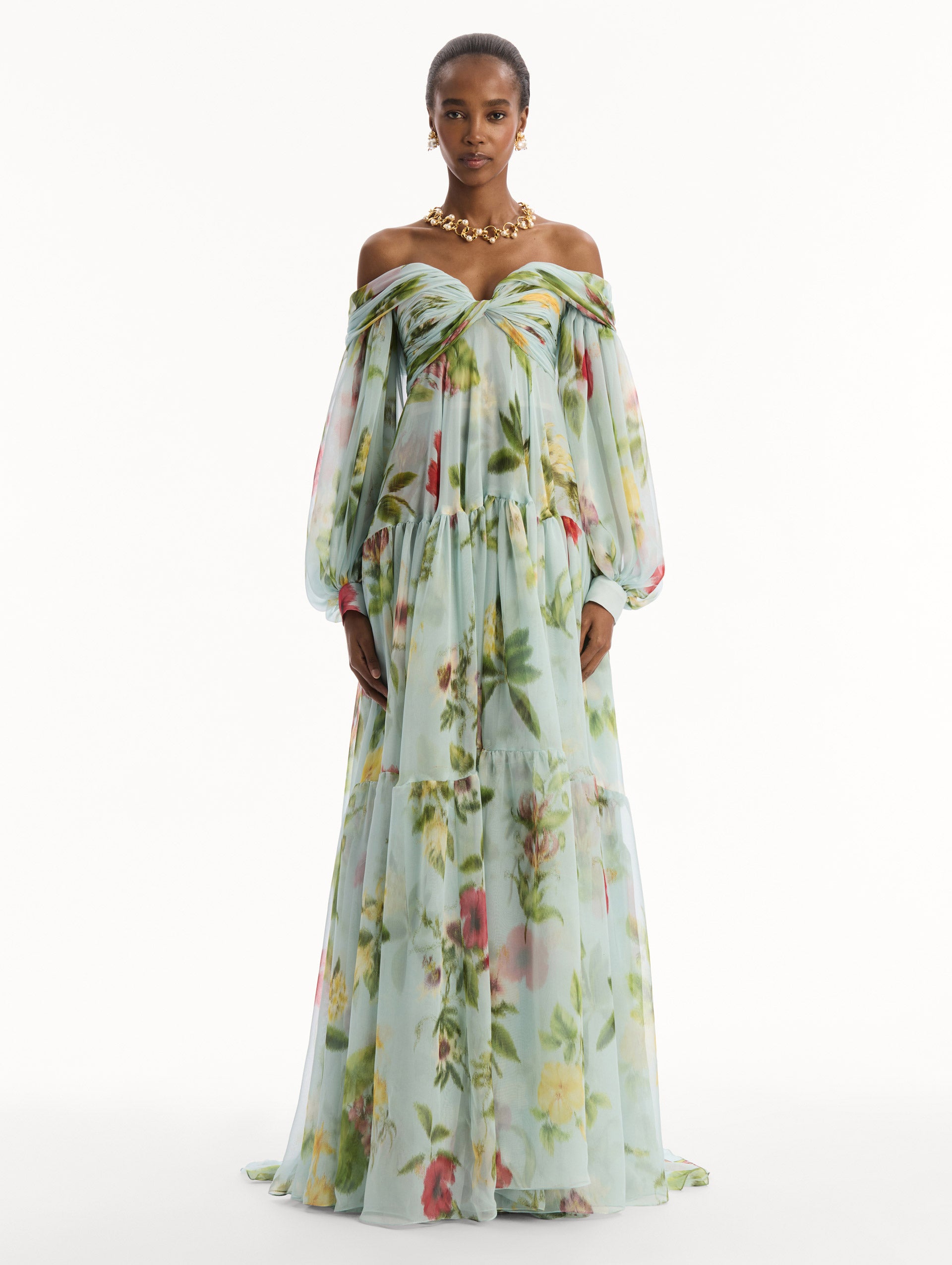 Chiné Dominican Mixed-Floral Chiffon Sweetheart Gown