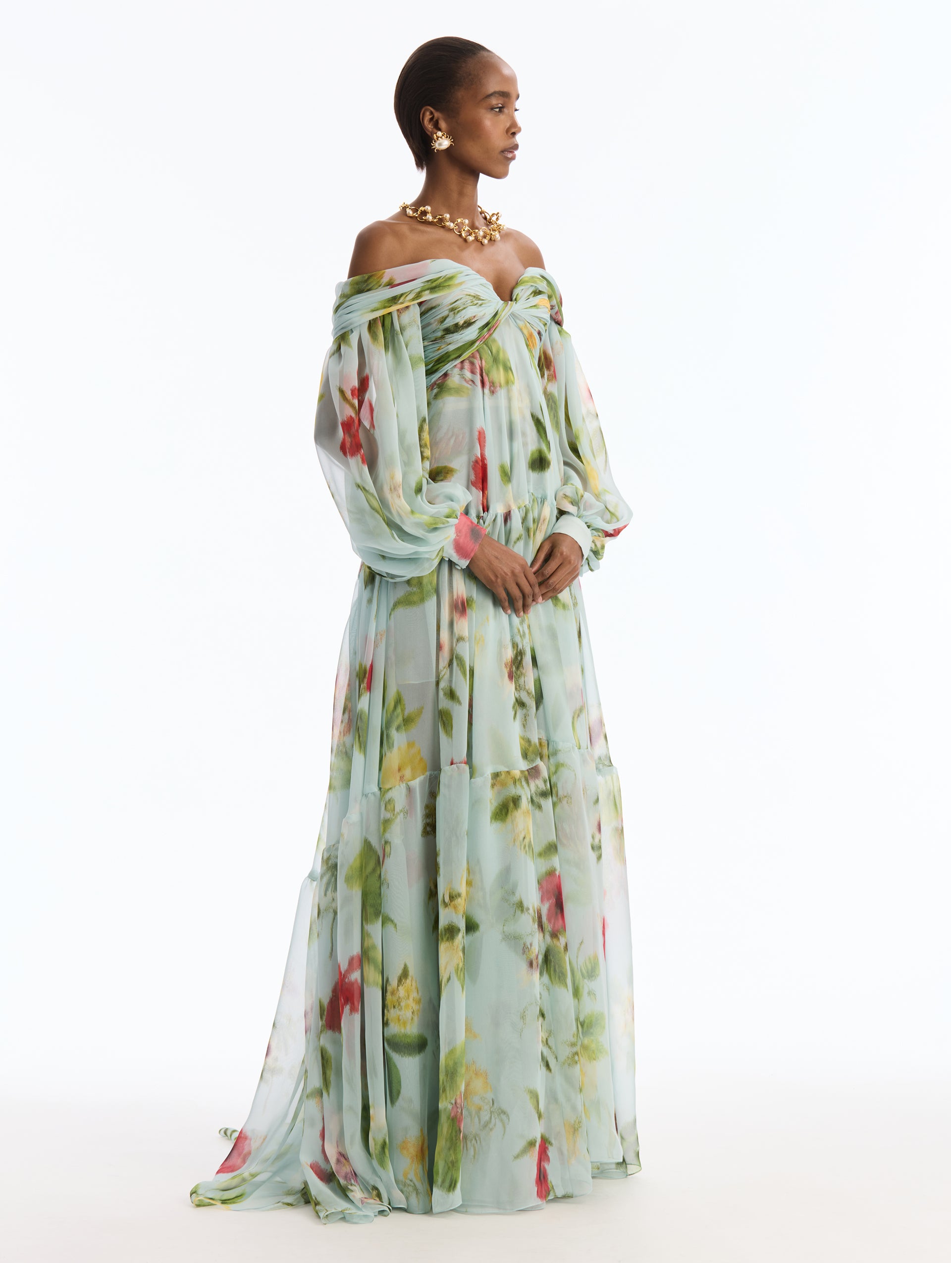 Strapless, Long Sleeve,  Light Blue,  Floor Length Chiffon Gown, with Chiné Dominican Mixed-Floral Print. Side View.