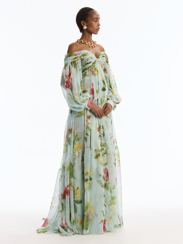 Strapless, Long Sleeve,  Light Blue,  Floor Length Chiffon Gown, with Chiné Dominican Mixed-Floral Print. Side View.