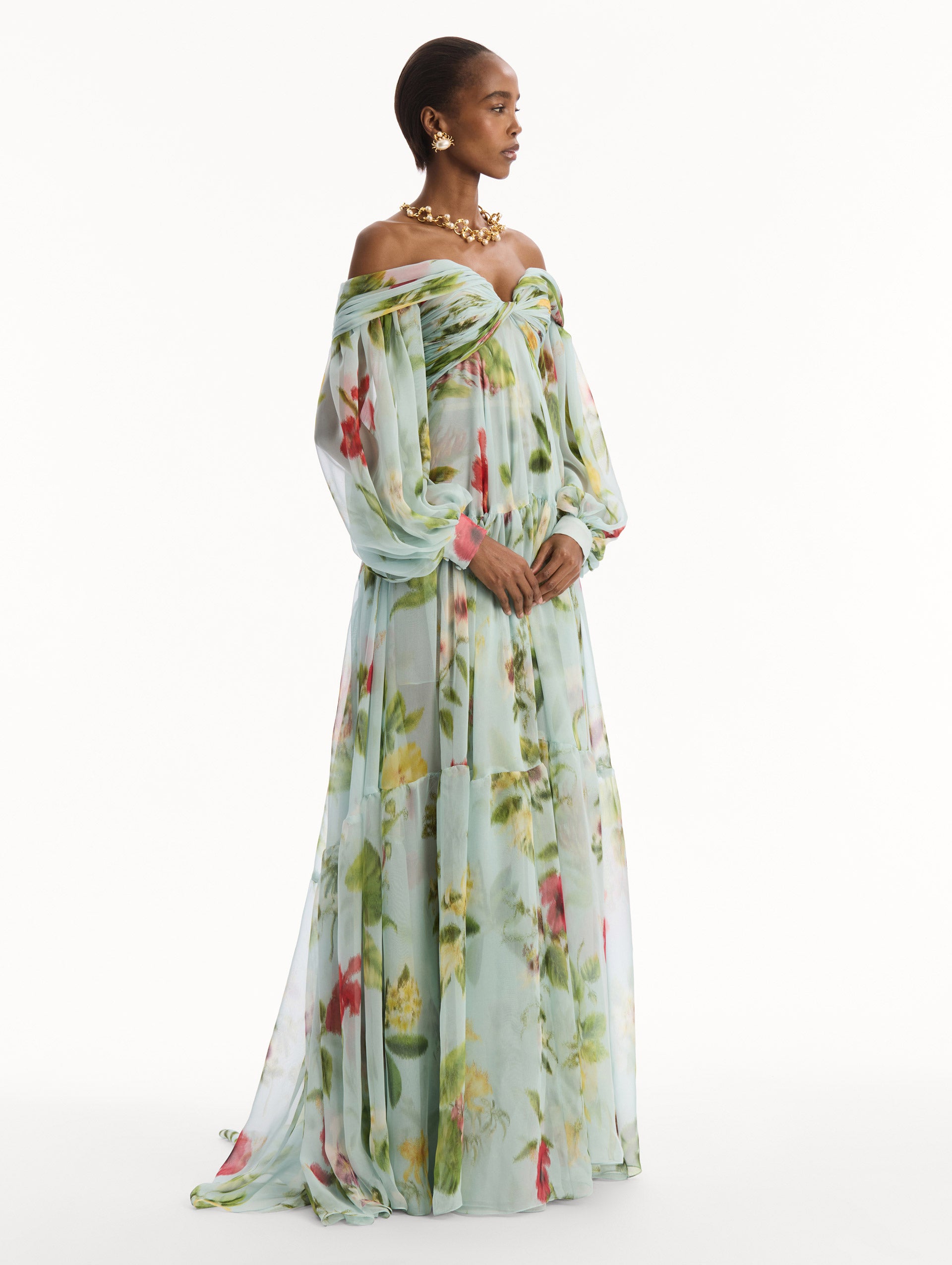 Chiné Dominican Mixed-Floral Chiffon Sweetheart Gown