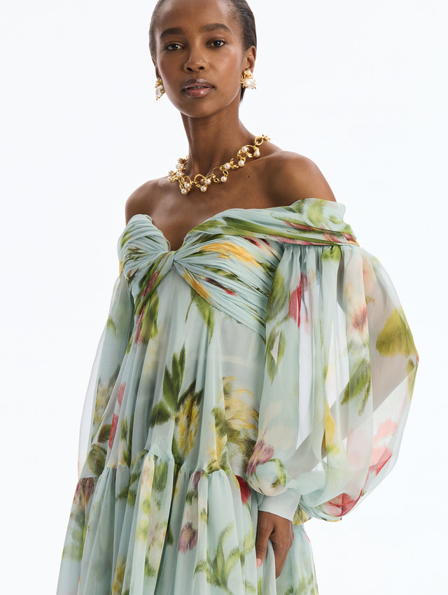 Strapless, Long Sleeve,  Light Blue,  Floor Length Chiffon Gown, with Chiné Dominican Mixed-Floral Print. Side View.