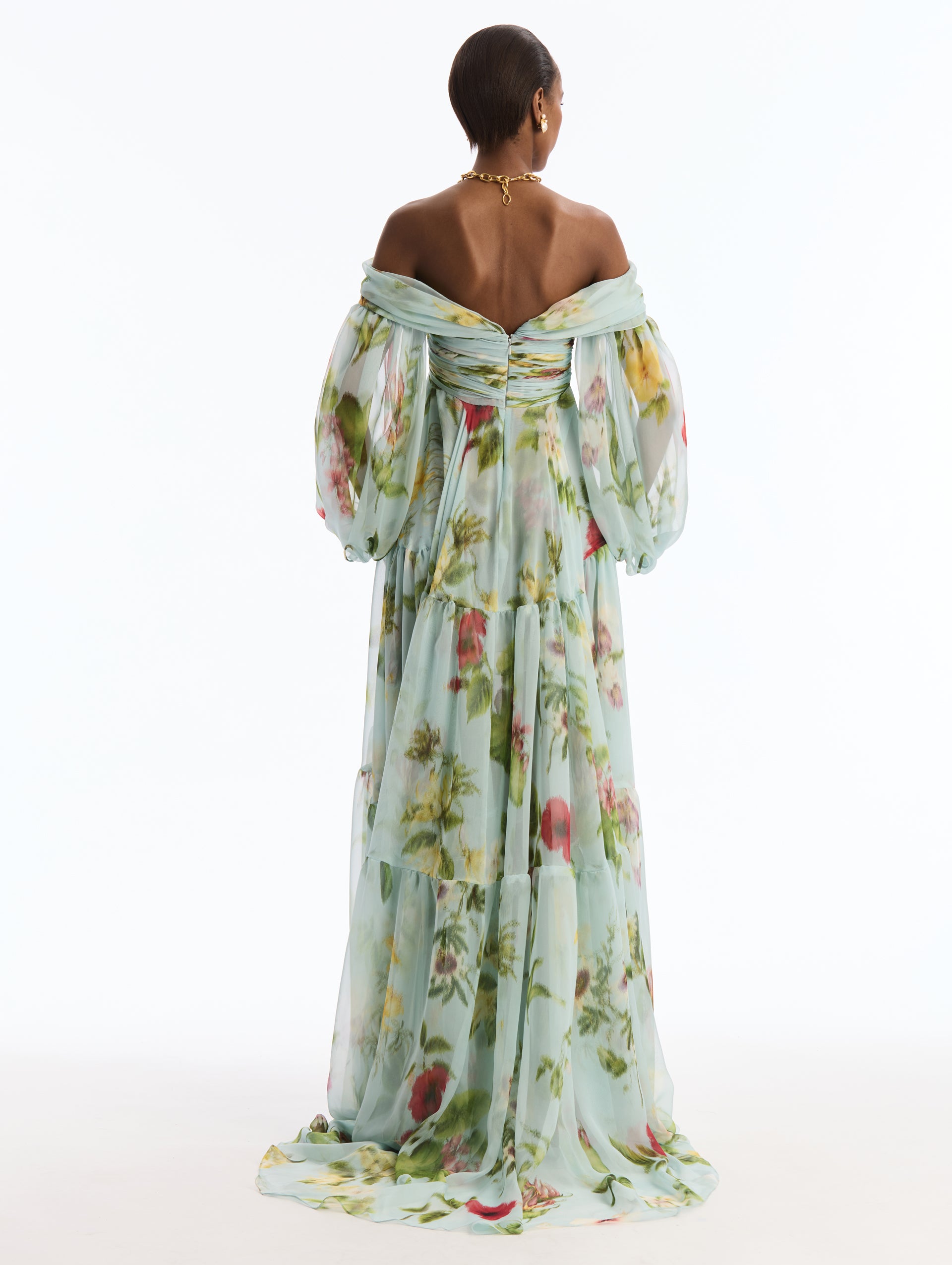 Strapless, Long Sleeve,  Light Blue,  Floor Length Chiffon Gown, with Chiné Dominican Mixed-Floral Print. Back View.