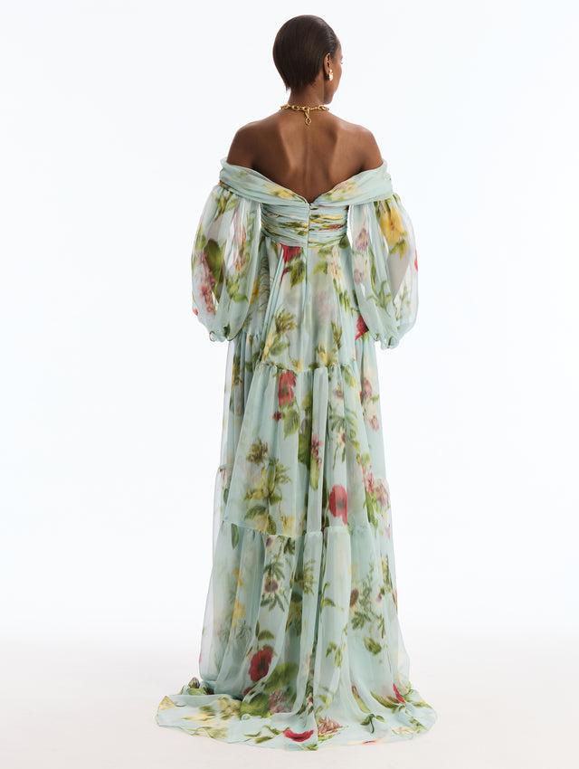 Strapless, Long Sleeve,  Light Blue,  Floor Length Chiffon Gown, with Chiné Dominican Mixed-Floral Print. Back View.