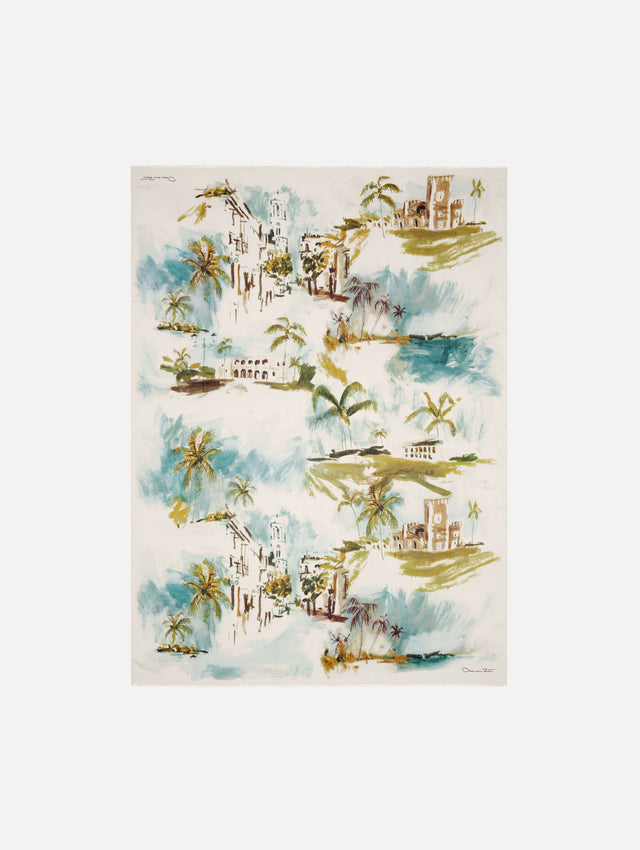 Dominican Landscape Modal Cashmere Scarf in Blue Green Multi. Open View. 