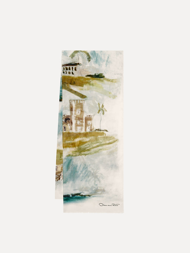 Dominican Landscape Modal Cashmere Scarf in Blue Green Multi. Folded View. 