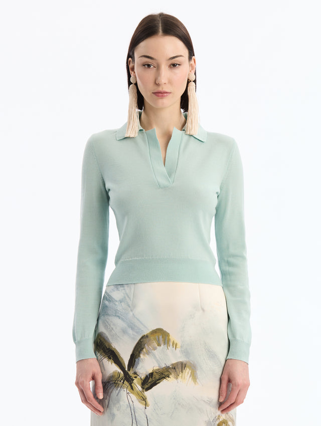 Light Blue Wool Polo Pullover, V-Neck with Collar. Full Length Sleeves. Close Up Front View. 