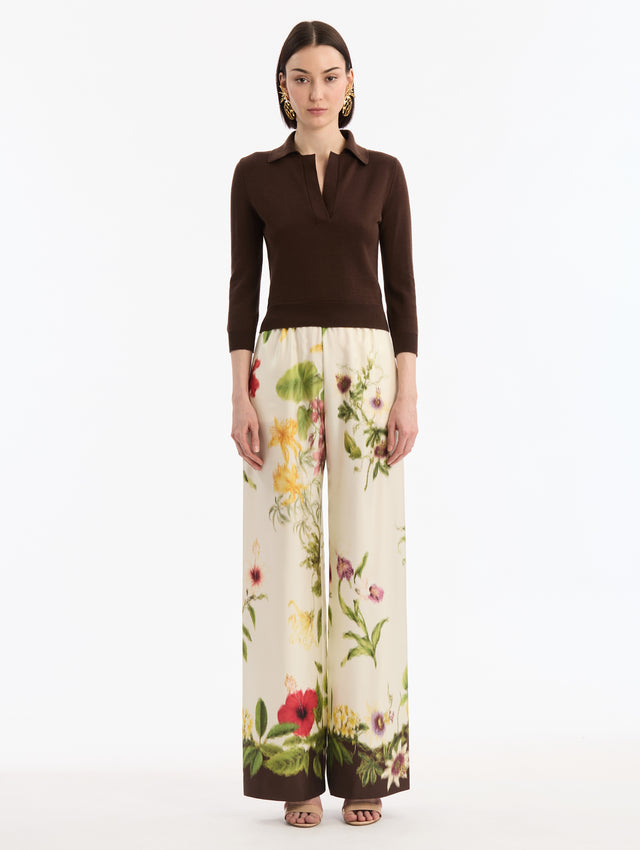 Dark Brown Wool Polo Cropped Pullover, V-Neck with Collar. Three Quarter Length Sleeves. Front View.