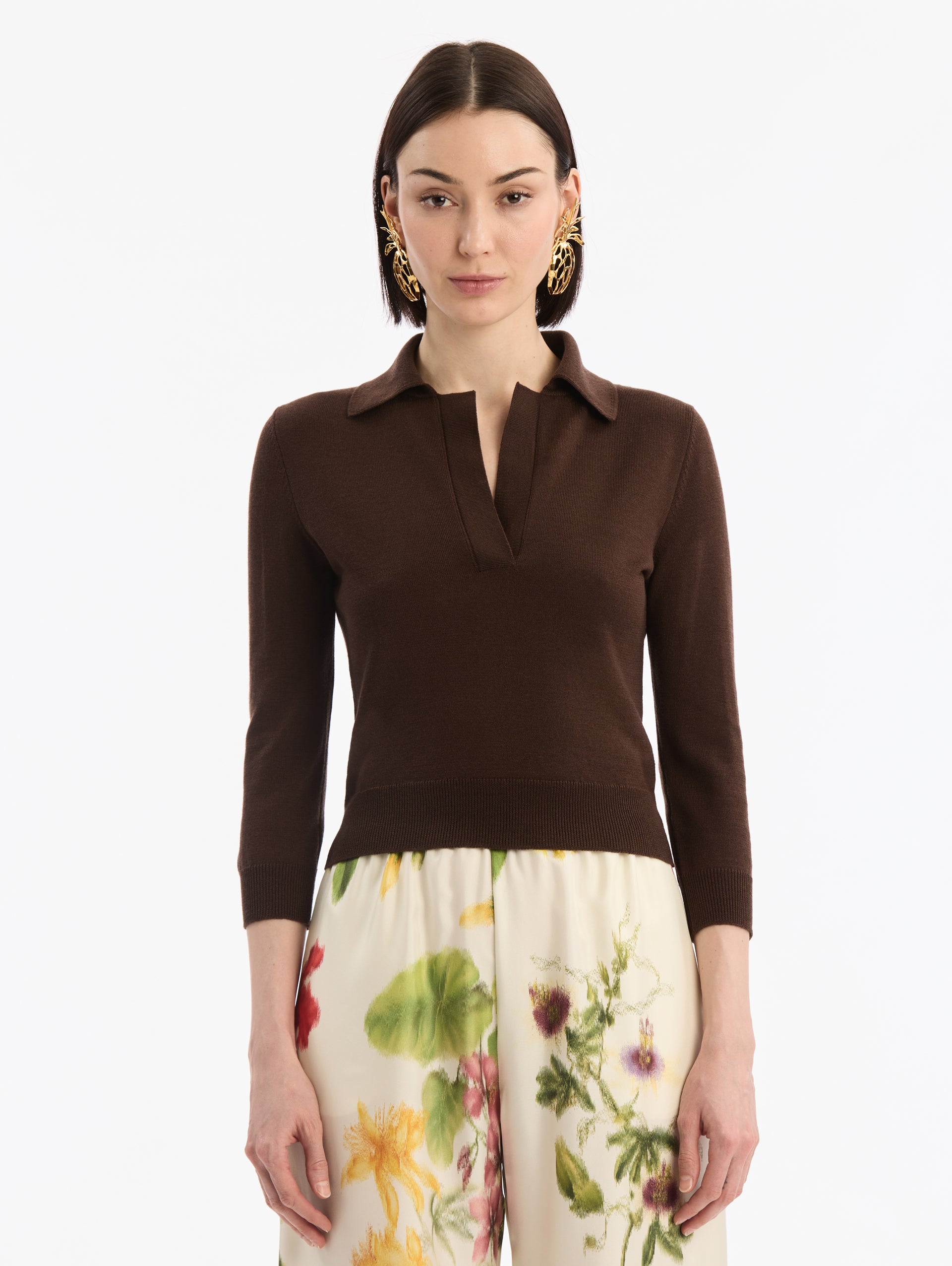 Dark Brown Wool Polo Cropped Pullover, V-Neck with Collar. Three Quarter Length Sleeves. Front View.