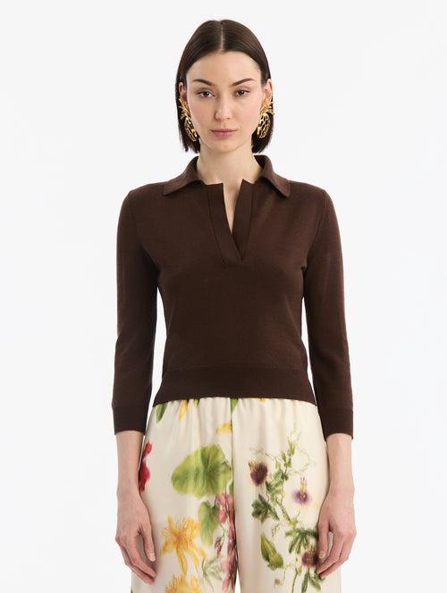 Dark Brown Wool Polo Cropped Pullover, V-Neck with Collar. Three Quarter Length Sleeves. Front View.