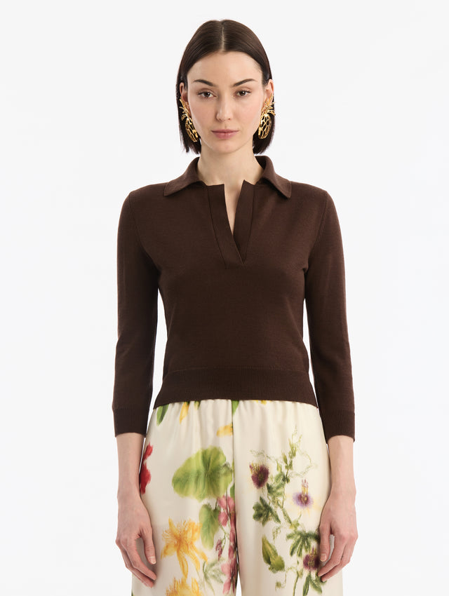 Dark Brown Wool Polo Cropped Pullover, V-Neck with Collar. Three Quarter Length Sleeves. Front View.