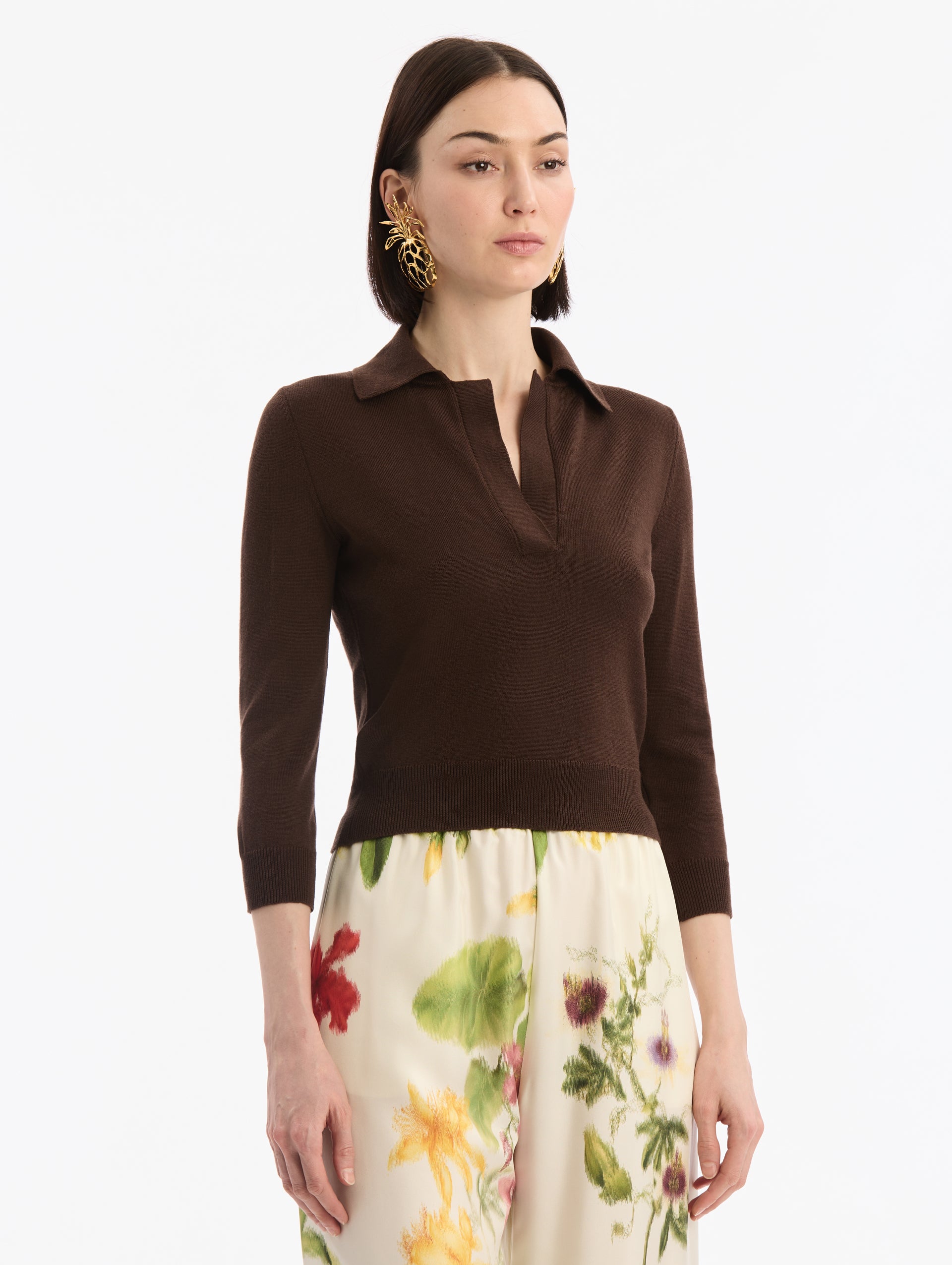Dark Brown Wool Polo Cropped Pullover, V-Neck with Collar. Three Quarter Length Sleeves. Side View.