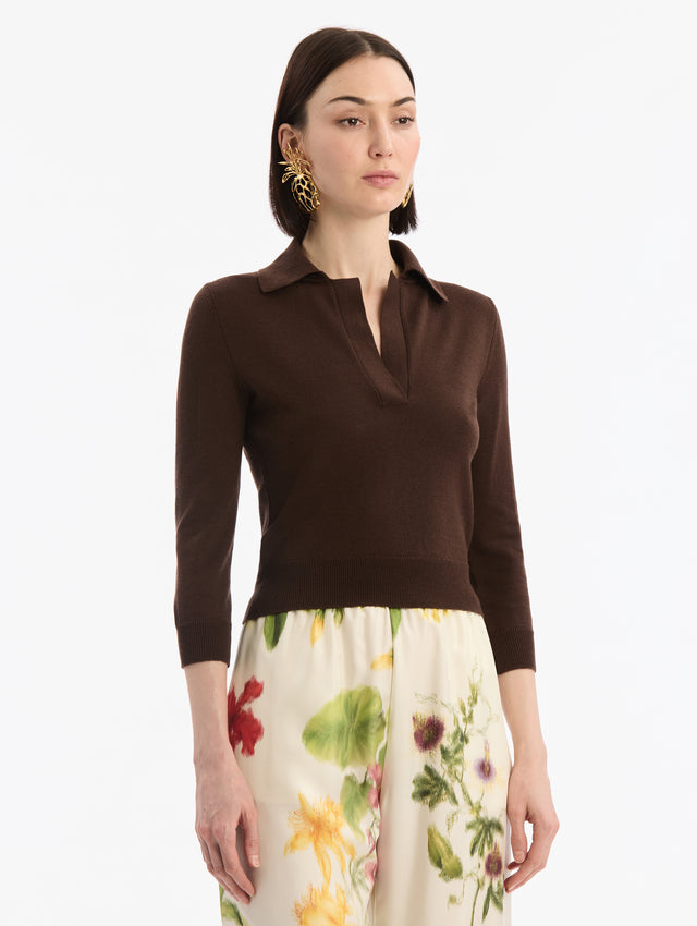 Dark Brown Wool Polo Cropped Pullover, V-Neck with Collar. Three Quarter Length Sleeves. Side View.