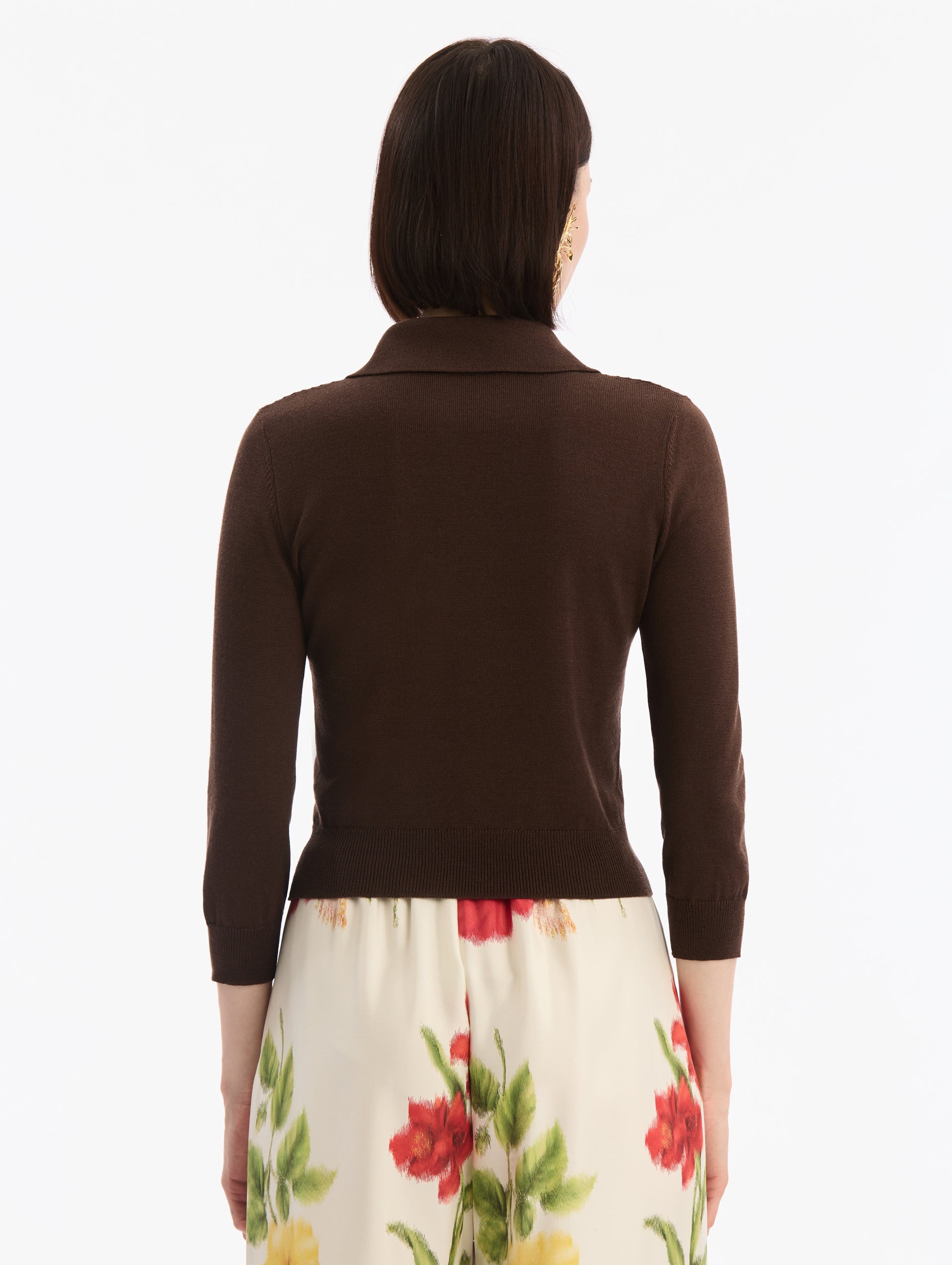 Dark Brown Wool Polo Cropped Pullover, V-Neck with Collar. Three Quarter Length Sleeves. Back View.